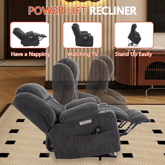 Power Lift Recliner Chair, 350lb Capacity with 8-Point Massage & Heating, USB/Type-C Ports & Cup Holders, Heavy Duty Chenille Recliner for Elderly, Grey