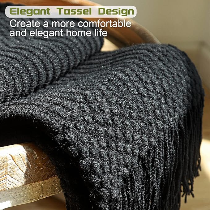 Blagic Knitted Throw Blanket for Couch, Bed and Sofa. Super Soft Blanket with Tassels, Black Throw Blanket, 60 x 80 Inches Lightweight & Cosy Home Decor
