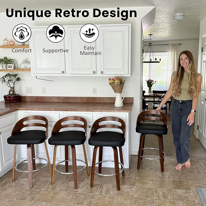 Counter Stools Set of 4, Counter Height Bar Stools with Walnut Crafts, Bentwood Curved Back, Upholstered Faux Leather, Soft Cushion Seat, Swivel Counter Chairs for Island/Pub (Green, 26" Seat Height)