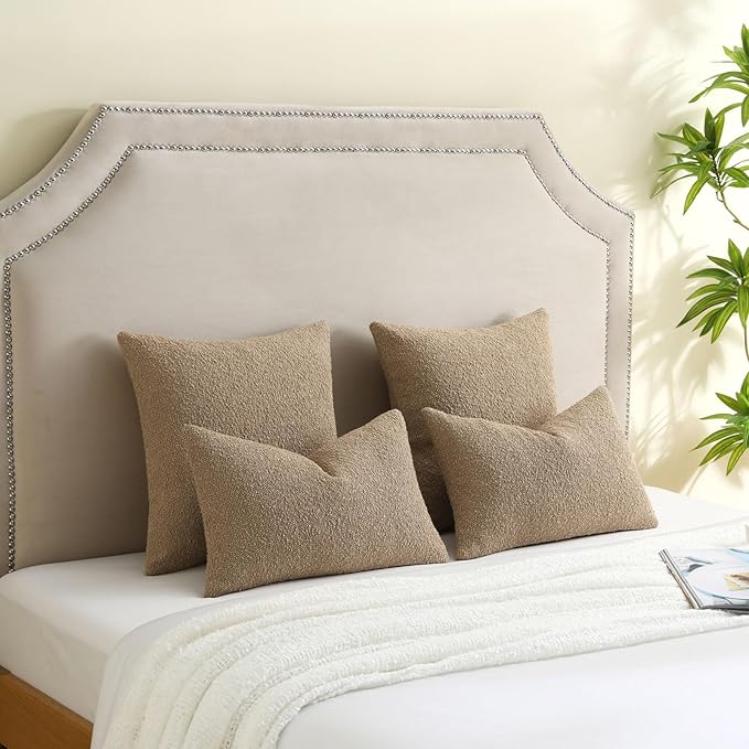 FUTEI Pack of 2 Khaki Decorative Throw Pillow Covers 18x18 Inch Soft Cozy Solid Boucle Textured Cushion Case,Modern Home Decor for Couch Bed Living Room