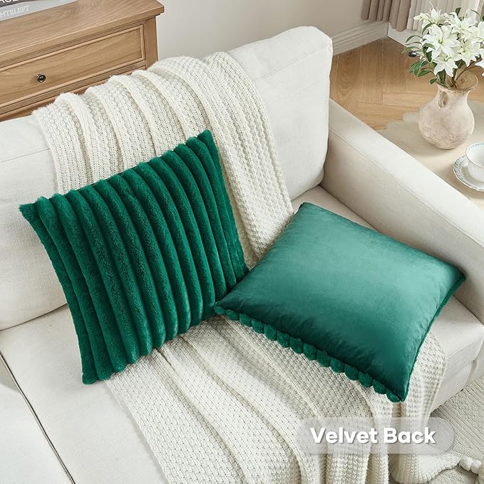 FUTEI Emerald Green Striped Decorative Throw Pillow Covers 12x20 Inch Set of 2,Rectangle Fall Decorations Couch Lumbar Pillowcase,Soft Cozy Faux Rabbit Fur & Velvet Back,Modern Home Decor for Bed