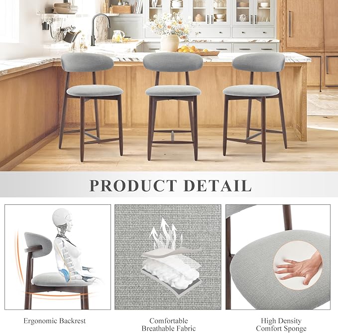 Upholstered Counter Height Bar Stools, Kitchen Island Stools with Back, Modern Counter Stools Chairs with Wood Legs for Kitchen Island Dining Room, Light Grey