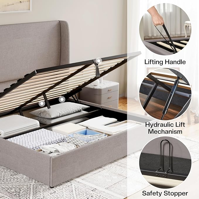 Jocisland Queen Size Lift Up Storage Bed Frame Linen Upholstered Platform Bed/Hydraulic Storage/Modern Wingback Headboard/No Box Spring Needed/Wood Slats Support/Light Grey