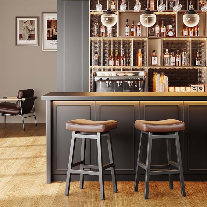 29 Inches Bar Stools Set of 2, Bar Height Barstools for Home Counter, Blackless Barstool with Bonded Leather Saddle Seats & Heavy Duty Metal Legs, Easy Assembly, Brown/Black