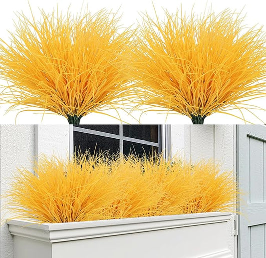 RECUTMS Artificial Grasses Outdoor Plants Tall Grass Spring Fake Grass Plant Plastic Artificial Shrubs for Planters Wedding Indoor Outside Garden Porch Home Office Window Box Decor(Pure Yellow)
