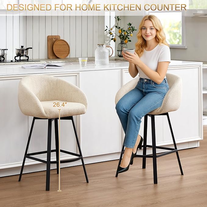 Zesthouse Swivel Counter Height Stools Set of 4, Modern Barrel Bar Stools for Kitchen Island, 26" Upholstered Kitchen Counter Height Barstools with Barrel Arms & Back, Beige Linen Fabric Bar Chairs
