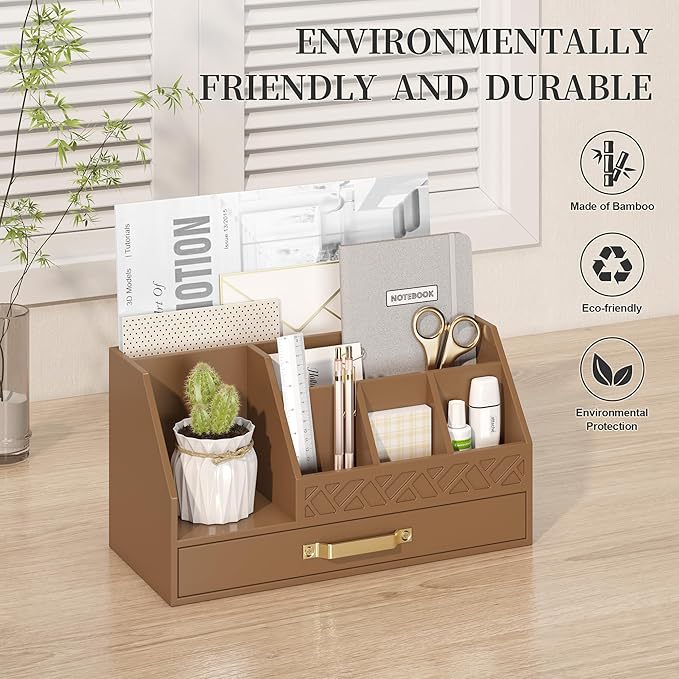 Bamboo Desk Organizer with Drawers, Mail Organizer Countertop Wood Desk Drawer Tabletop Storage Organization Pen Holder Letter Sorter Makeup Organizer for School Home Office (Brown)