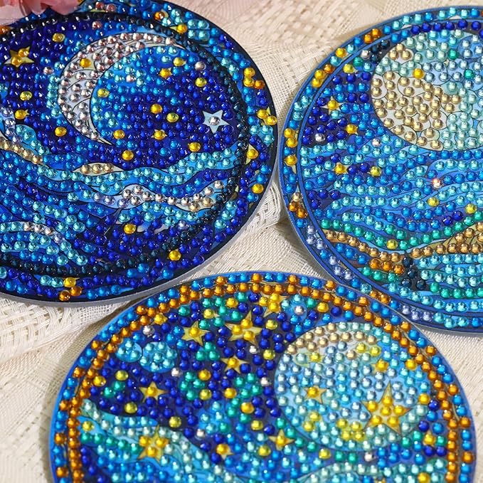 8 PCS Moon Diamond Art Coasters Kits, Diamond Painting Coasters with Holder Set of 8, DIY Drink Coasters Art Crafts Supplies for Adults Cup Mat for Home Decor House Warming Gifts Non-Slip 3.9inch