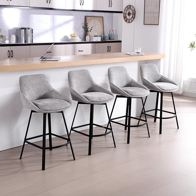 Zesthouse Swivel Bar Stools Set of 4, Modern Counter Height Barstools with Backs, 26'' Upholstered Linen Fabric High Chairs for Island Kitchen, Counter Height Chairs with Metal Legs, Grey