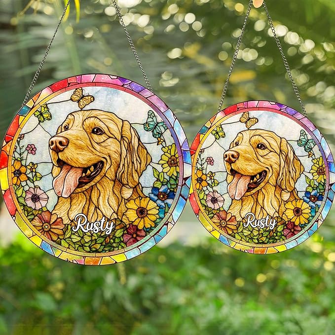 Personalized Window Hanging Suncatcher Dog Portrait Stained Glass Window Hangings, Pet Stained Glass Suncatcher, Loss of Dog Custom Name Dog Memorial Gifts
