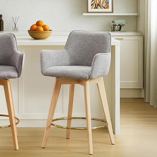 Counter Height Swivel Counter Stools, Linen Upholstered Bar Stools with Back, Arms, Solid Wooden Legs, 26 Inch Chairs for Kitchen Island, Home Pub, Bar, 1 Pcs, Grey