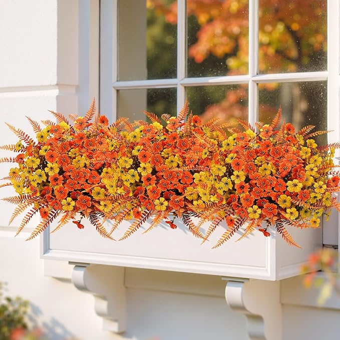 Artificial Mums Fall Fake Flowers for Outdoors, 12 Bundles Faux Mums for Outdoor Planters Decorations,UV Resistant Silk Flowers Plastic Plants for Front Porch Garden Patio (B-Orange Yellow Fern)