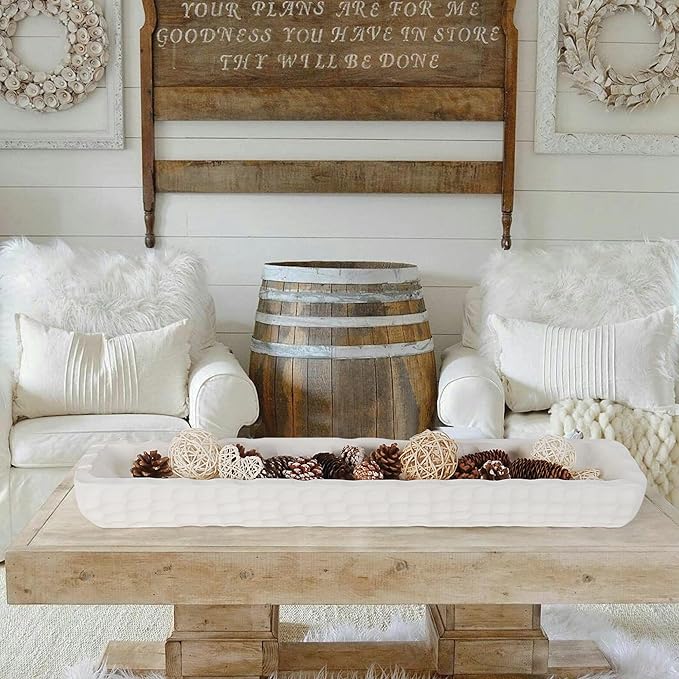 Oakrain 30 inches Large Decorative Bowl for Home Decor, White Dough Bowl with Hand Carved Irregular Texture, Unique Table Centerpieces, Wooden Home Decor Accents for Farmhouse Boho Rustic Style