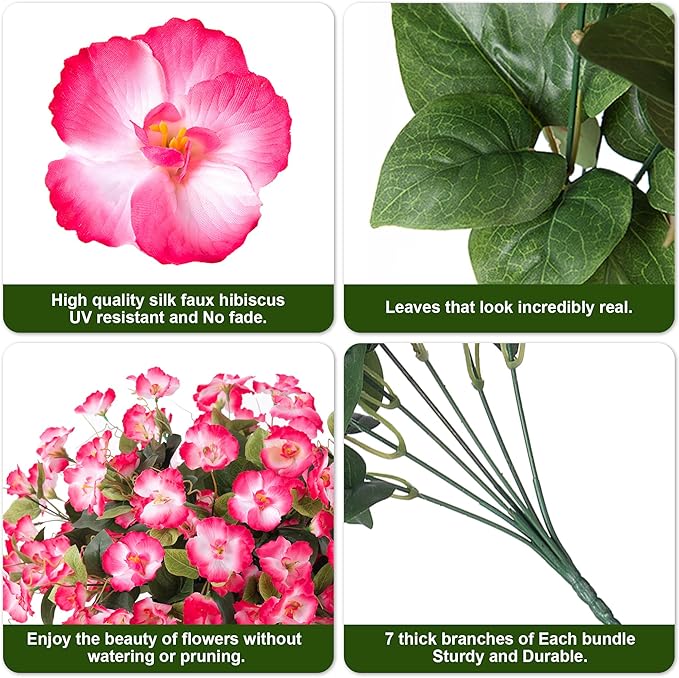 Fake Hibiscus Artificial Flowers for Outdoors Spring Summer Decoration, 6 Bundles Silk Pink Hibiscus Flowers Bouquet UV Resistant Look Real Faux Plants for Outside Planter Front Door Porch Balcony