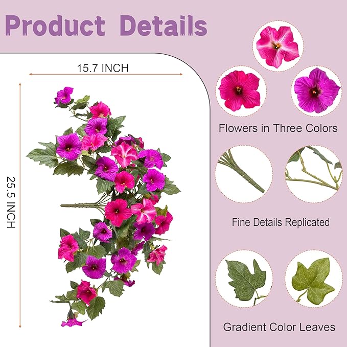Artificial Faux Flowers Planter for Outdoor Decoration, 2PCS Fake Silk Petunias Flowers, No Fade UV Resistant Flower for Outside Garden Porch Yard Balcony Patio Realistic Indoor Decor(Fuchsia)