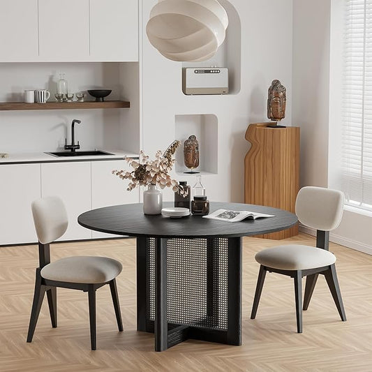 Casaphoria 52" Dining Table, Wicker Base Modern Kitchen Table for 4-6, Farmhouse Style with Round Top & Wicker Base, Easy Assembly for Living Room, Kitchen, Black
