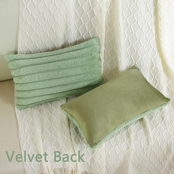 FUTEI Sage Green Striped Decorative Throw Pillow Covers 12x20 Inch Set of 2,Rectangle Fall Decorations Couch Lumbar Pillowcase,Soft Cozy Faux Rabbit Fur & Velvet Back,Modern Home Decor for Bed