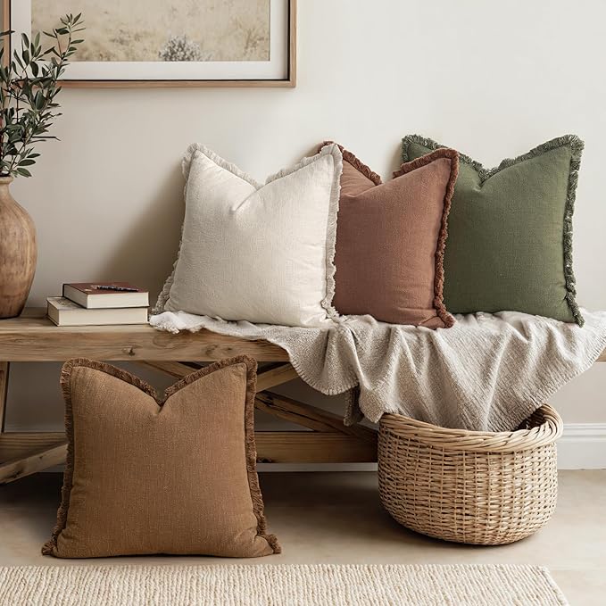 MIULEE Fall Decorative Couch Pillow Covers Neutral Linen Fringe Throw Pillows Set of 4 Soft Rustic Cushions Boho Farmhouse Pillowcases for Bed Sofa Living Room Home Decor 20x20 Inch Beige/Brown/Green