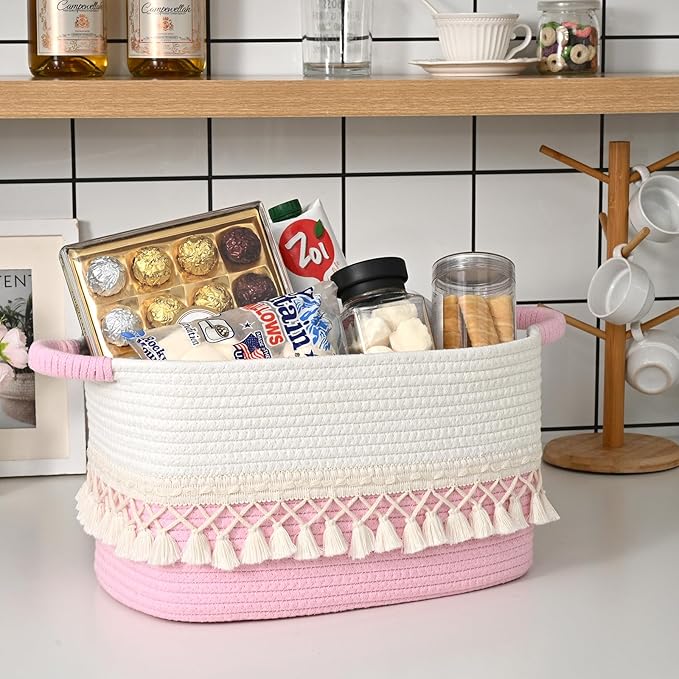 3 Pack Storage Basket for Shelves, Boho Cotton Rope Storage Bins with Heavy Tassel, Shelf Baskets Large Woven Baskets for Organizing, Cube Organizer Bins, Baby Laundry Basket for Clothes, Toys, Pets