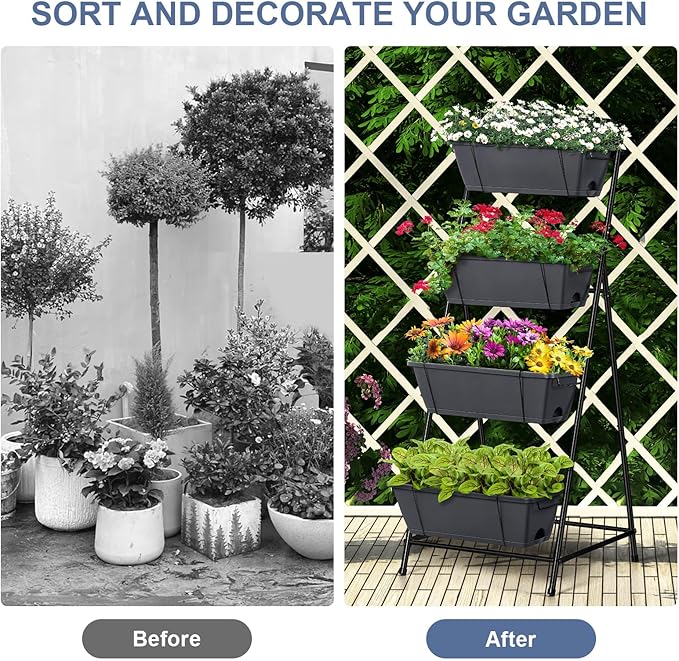 4 Tier Vertical Garden Planter Herb Garden Planter Outdoor Planters for Outdoor Plants Standing Vertical Raised Garden Bed Tiered Garden Vegetable Planter with Drainage Holes (Grey)