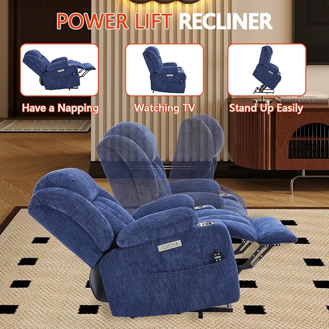 Power Lift Recliner Chair, 350lb Capacity with 8-Point Massage & Heating, USB/Type-C Ports & Cup Holders, Heavy Duty Chenille Recliner for Elderly, Blue