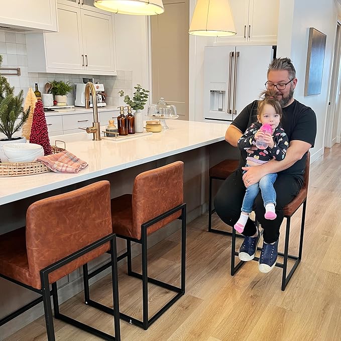 ALPHA HOME 24” Bar Stools Set of 2 Counter Height Bar Stool Pu Leather Kitchen Modern Bar Stools with Backrest Upholstered Footrest Sturdy Chromed Metal Steel Frame,Brown.