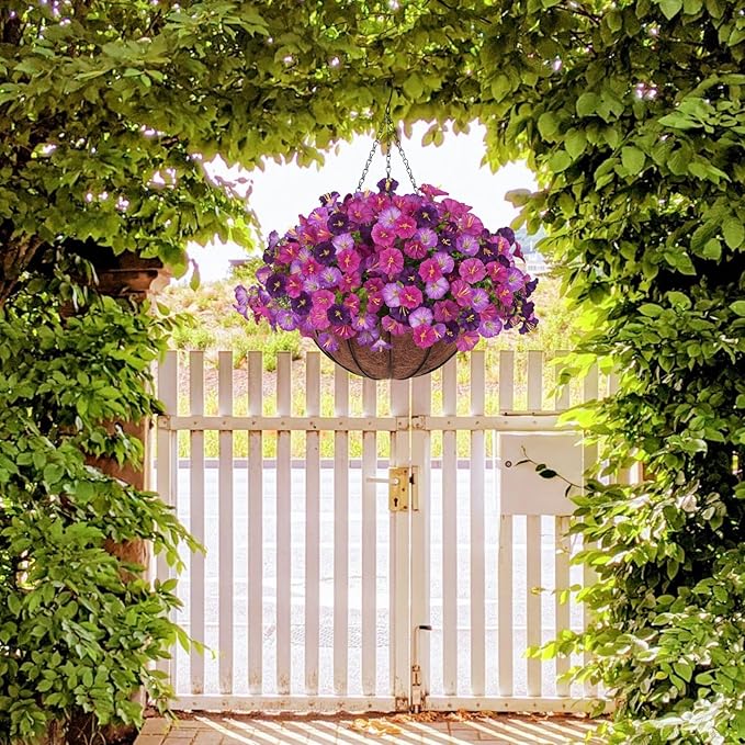 Artificial Flowers for Outdoor, Fake Flowers Faux Plants for Outside Indoor, 4PCS Summer Decor, Morning Glory Petunia UV Resistant, for Garden Porch Window Box Home Planters (Dark&Light Purple Bulk)