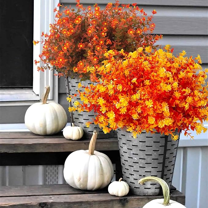 12 Bundles Artificial Fall Flowers No Fade Faux Autumn Plants, Fake Indoor Outdoor Greenery Decorations for Thanksgiving Christmas Wedding Party Home Garden Fireplace Décor (Fall Orange)