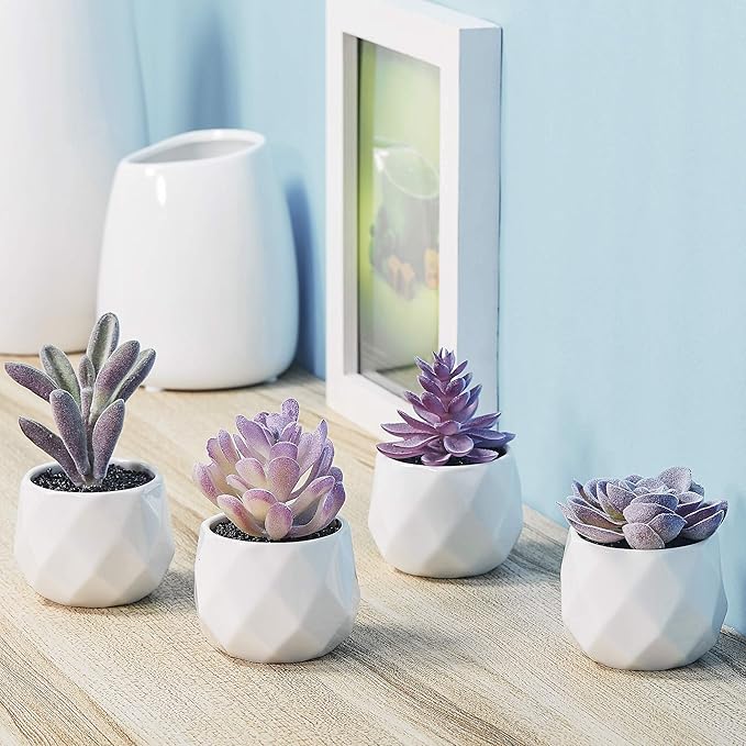 CADNLY Fake Succulent Plant Set - Artificial Desk Plants for Women Desk - Realistic Faux Succulents in Ceramic Pots - Mini Purple Decor for Bedroom Bathroom Office Shelf 4 Pack