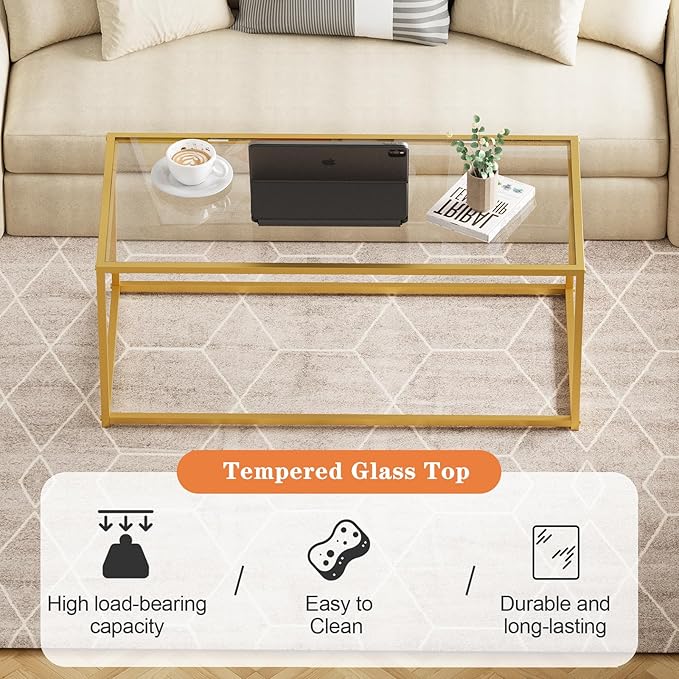 Glass Coffee Table for Living Room, Morden Center Table for Small Space,Simple Tea Cocktail Coffee Table with Clear Glass Top & Metal Frame, Easy Assembly,Gold