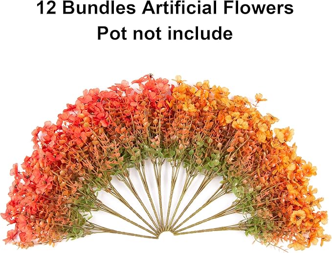 Artificial Fall Flowers Fake Mums for Outdoor Autumn Decoration, 12 Bundles Faux Silk Orange Yellow Mums Daisy Look Real UV Resistant for Outside Home Porch Patio Planter