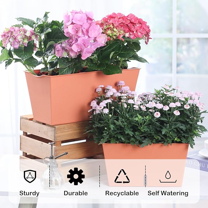 Window Box Planter 6 Pcs, 12.6 Inches Self Watering Rectangle Flower Plant Pots with Drainage Holes & Breathable Trays, Vegetable Planters for Windowsill Patio Garden Balcony Porch Yard (Orange)