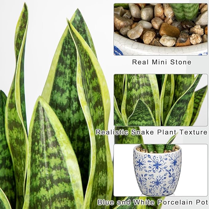Hollyone Artificial Snake Plant Potted Faux Sansevieria Trifasciata Plants, 15.7" Tropical Fake Plants in Blue and White Porcelain Pots for Home Office Room Indoor Decor Housewarming Gifts