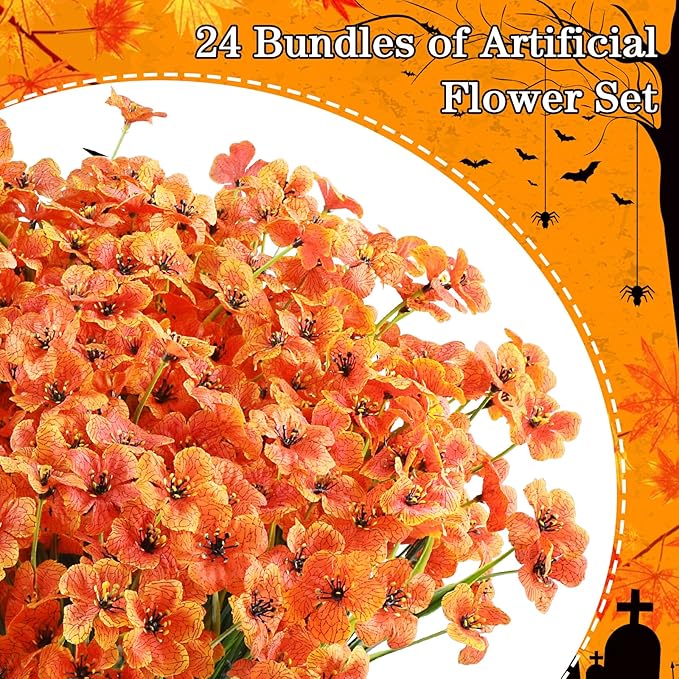 AGIRL 24 Bundles Artificial Fall Flowers Outdoor Indoor Decoration,Fake Plastic Flowers,Faux Mums Plant for Thanksgiving Fall Decor,for Hanging Outside Garden Front Door Porch Patio Window Box