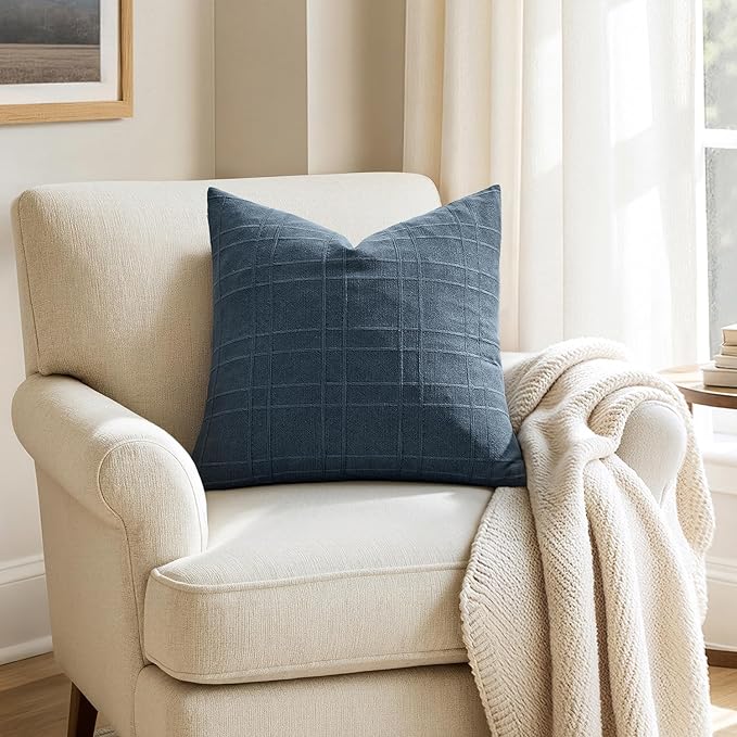 MIULEE Decorative Linen Check Throw Pillow Covers Neutral Farmhouse Vintage Pillow Covers 20x20 Set of 2 Boho Modern Home Decor for Sofa Couch Bedroom Cushion Deep Blue