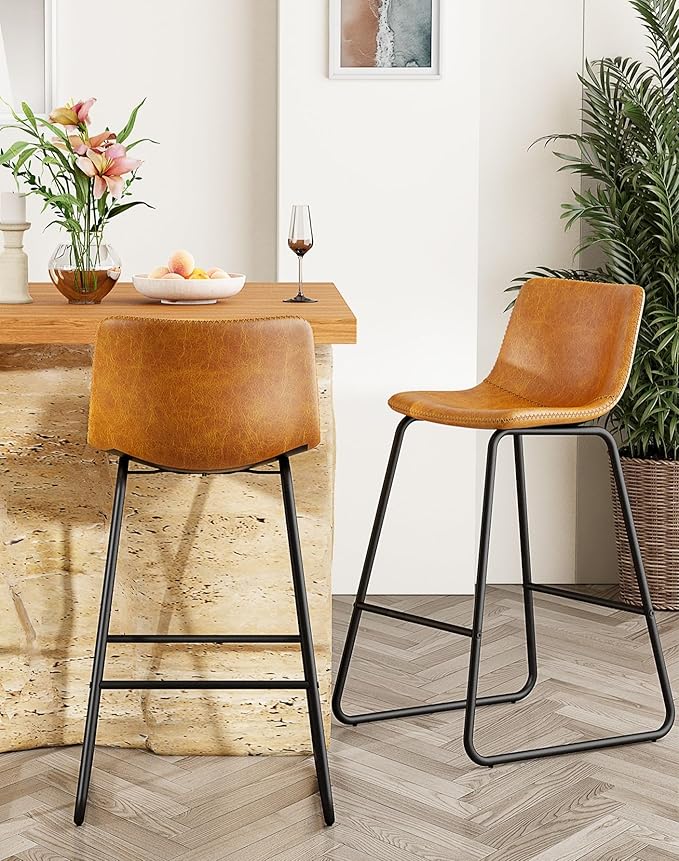 Bar Stools Set of 4, Modern Counter Height Bar Stools with Back, 26 inch Faux Leather Bar Stools with Metal Legs and Footrest, Urban Armless Dining Chairs for Kitchens Island (Brown)
