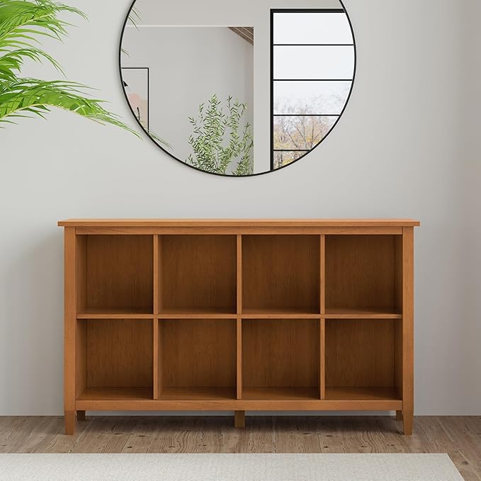 SIMPLIHOME Warm Shaker Console Table - 57 Inch Wide Solid Wood Sofa Table in Light Golden Brown, Transitional Bookcase for Entryway or Living Room with 8 Open Storage Cubbies and Square Tapered Legs