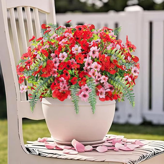 Artificial Faux Plants Flowers Outdoor Decoration,16 Bundles Fake Silk Colorful Daisy Eucalyptus Realistic UV Resistant for Outside Home Planter Porch Patio Yard Decor (red Pink)