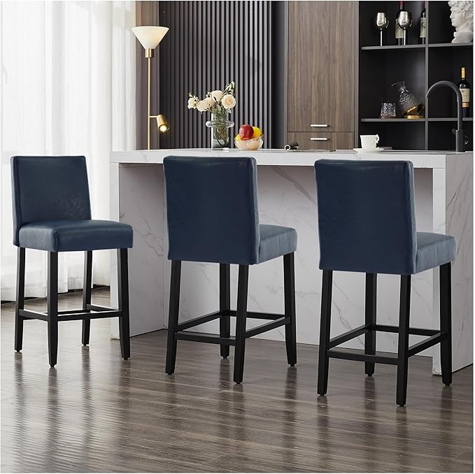 26'' Faux Leather Bar Stools Set of 2, Modern Upholstered Bar Chairs with Back, Soild Wood Legs Barstools for Kitchen Island, Blue