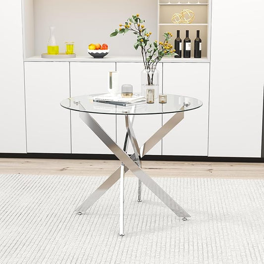 Glass Dining Table Modern Kitchen Table with Silver Metal Legs 32 Inch Small Round Dining Table for Apartment Kitchen Dining Room
