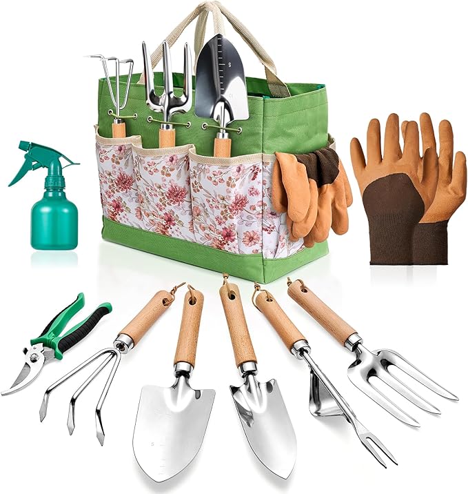 9-Piece Gardening Tools Set - Complete Gardening Kit with Heavy-Duty Stainless Hand Tools, Durable Storage Bag with Garden Accessories, Ideal Gardening Gifts for Women, Men, Gardeners (Green)