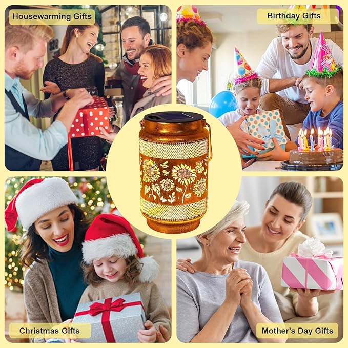 Sunflower Solar Lanterns Outdoor Waterproof with Shepherd Hook, Sunflower Birthday Gifts for Christmas Women Mom Grandma, Metal Solar Hanging Lights Garden Decor for Outside Yard Patio Pathway