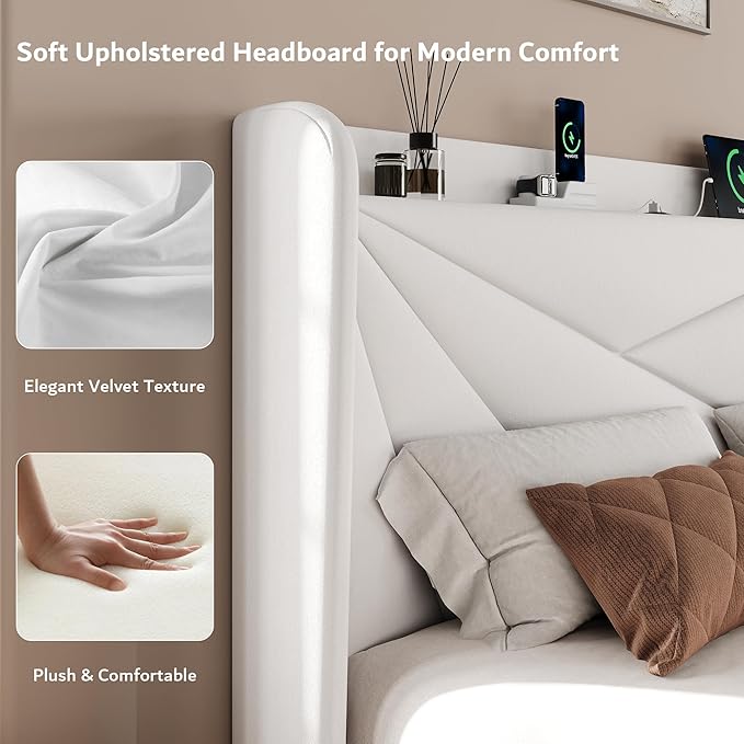 iPormis King Size Bed Frame with Charging Station, Velvet Platform Bed Frame with Wingback Headboard Upholstered Bedframe, Solid Wood Slats Support, No Box Spring Needed, Easy Assembly, White