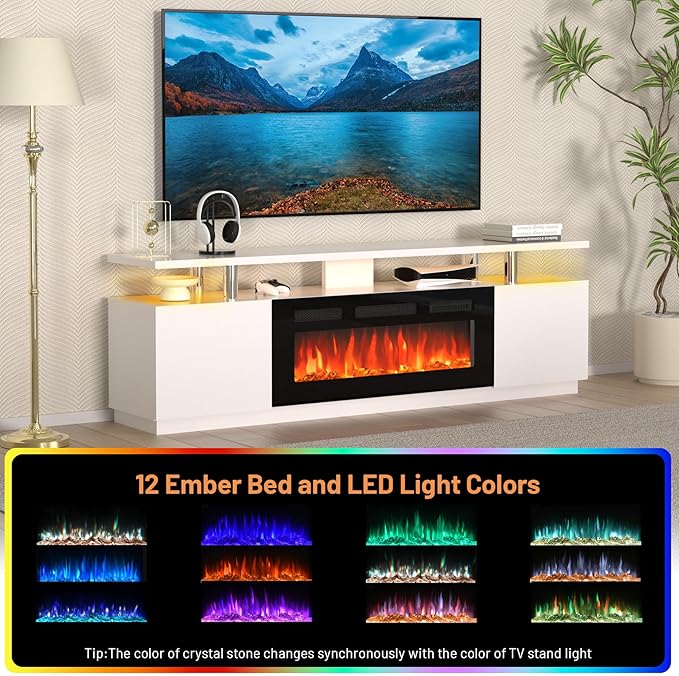 GarveeHome 70 Inch Fireplace TV Stand with 36 Inch Electric Fireplace, 12 Colors LED Lights, 750W/1500W for Max 80 Inch TV, 2 Tier Storage 2 Door Cabinet