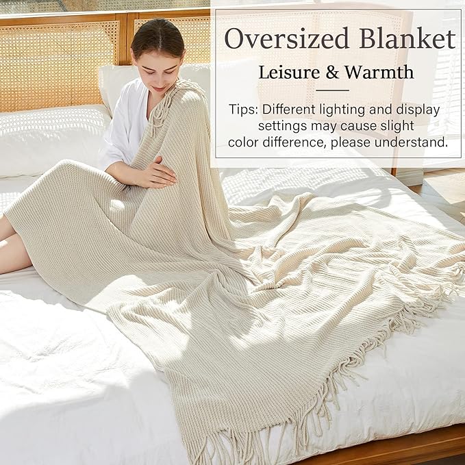 BLAGIC Knitted Throw Blanket for Couch Soft Farmhouse Boho Throw Blanket with Tassels Home Decorative Lightweight Throw Blankets, Throws for Bed/Chair/Sofa, Stripe Textured(Creamy White,50"W x 60"L)