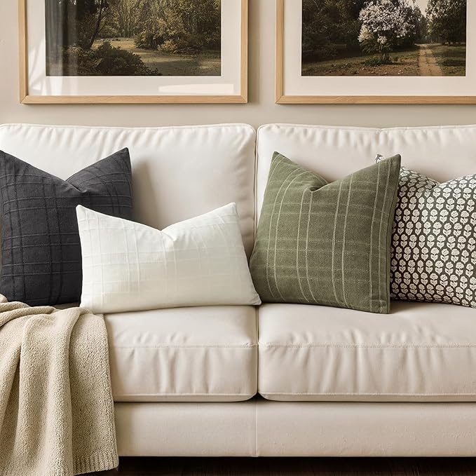 MIULEE Decorative Linen Check Throw Pillow Covers Neutral Farmhouse Vintage Pillow Covers 18x18 Set of 2 Boho Modern Home Decor for Sofa Couch Bedroom Cushion Sage Green