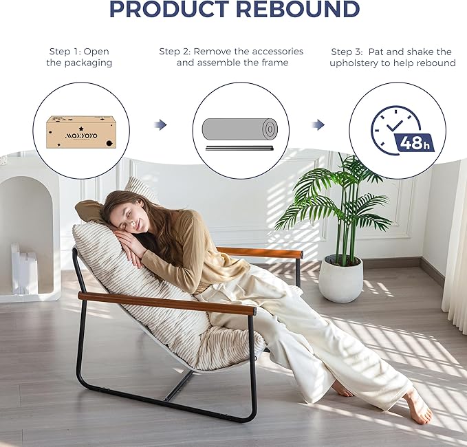 MAXYOYO Modern Accent Chair, Comfy Living Room Chair with Metal Frame Wooden Armrest, Upholstered Armchair with Soft Cushion for Bedroom Balcony Lounge Reading Room, Beige