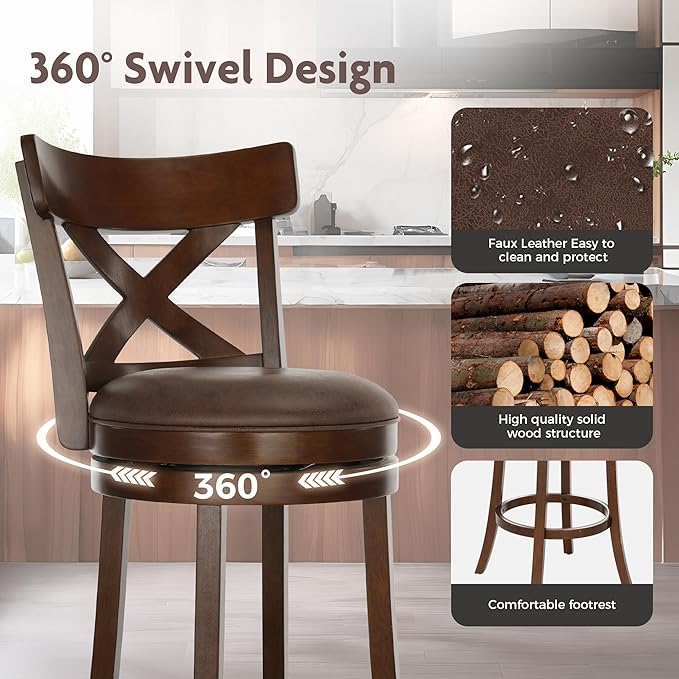 ALPHA HOME Swivel Bar Stools Set of 6, Kitchen Stools with Backs, 30 Inch Wooden Bar Stools, 360 Degrees Swivel Chair with Upholstered, Wrap-Around Footrest Counter Chair, Cappuccino