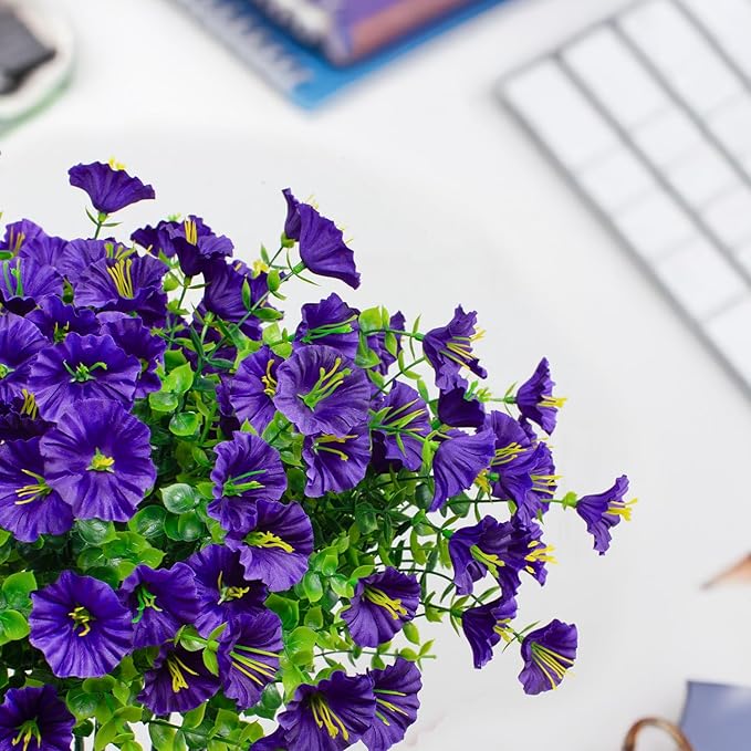 LikSoor 16 Bundles Artificial Flowers Outdoor Spring Summer Decoration Fake Silk Colorful Daisy Eucalyptus Realistic UV Outside Faux Plants for Garden Porch Window Box Home Decor Morning Glory Purple