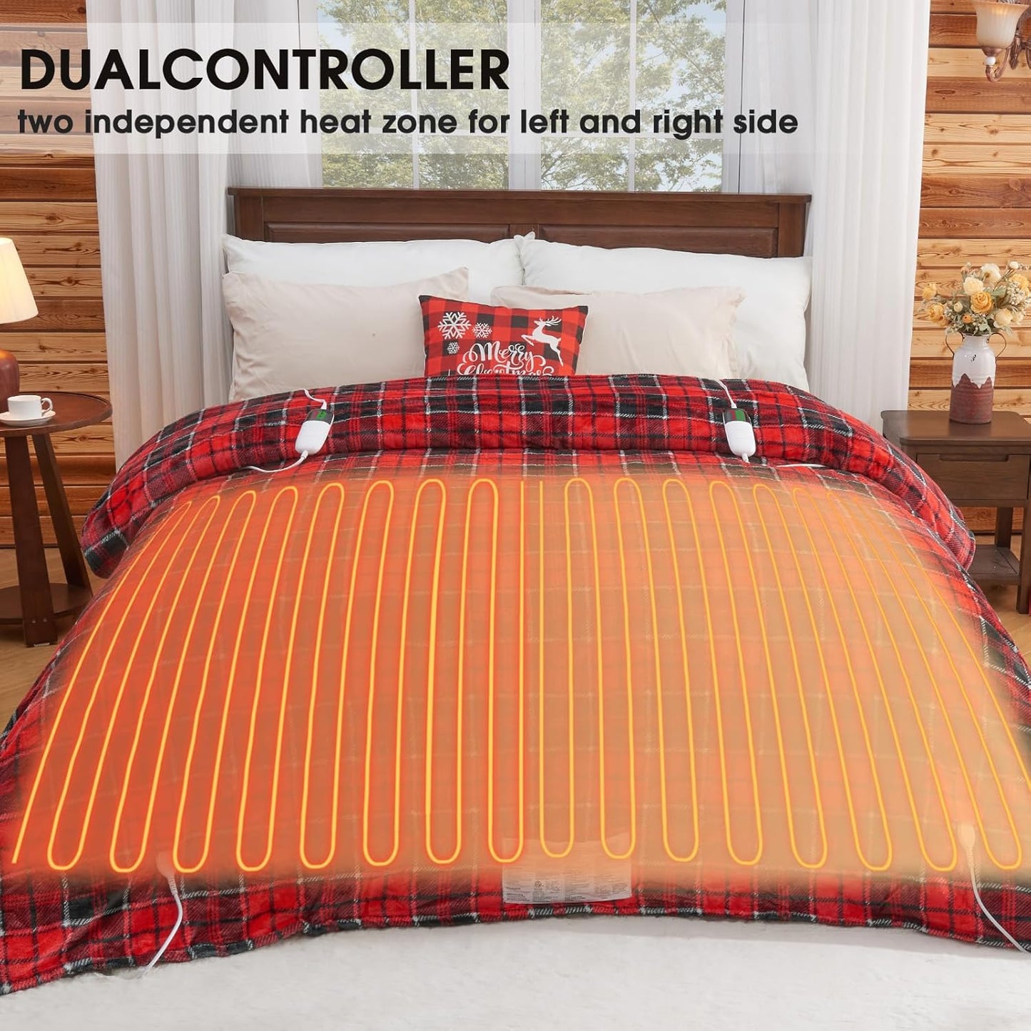 Heated Blanket Electric, Queen Size 84X90, Heating Blanket with 10 Heating Levels/8 Hours Auto Off/Dual Control for Bed, Red Checkered Sherpa Blankets Warmer for Adults, Christmas Blankets, ETL & FCC